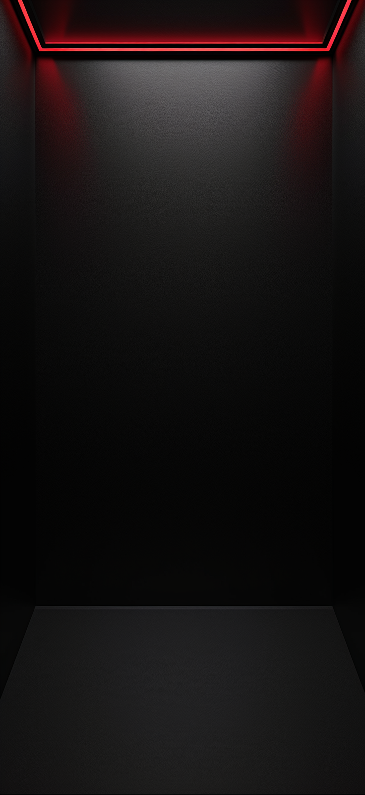 A nearly black empty elevator interior with matte walls and floor, softly lit from above and outlined by a glowing red LED strip along the ceiling edge.