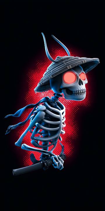 A blue-tinted skeleton wearing a wide conical hat with glowing red eyes holds a sheathed sword against a black background with red dotted glow.
