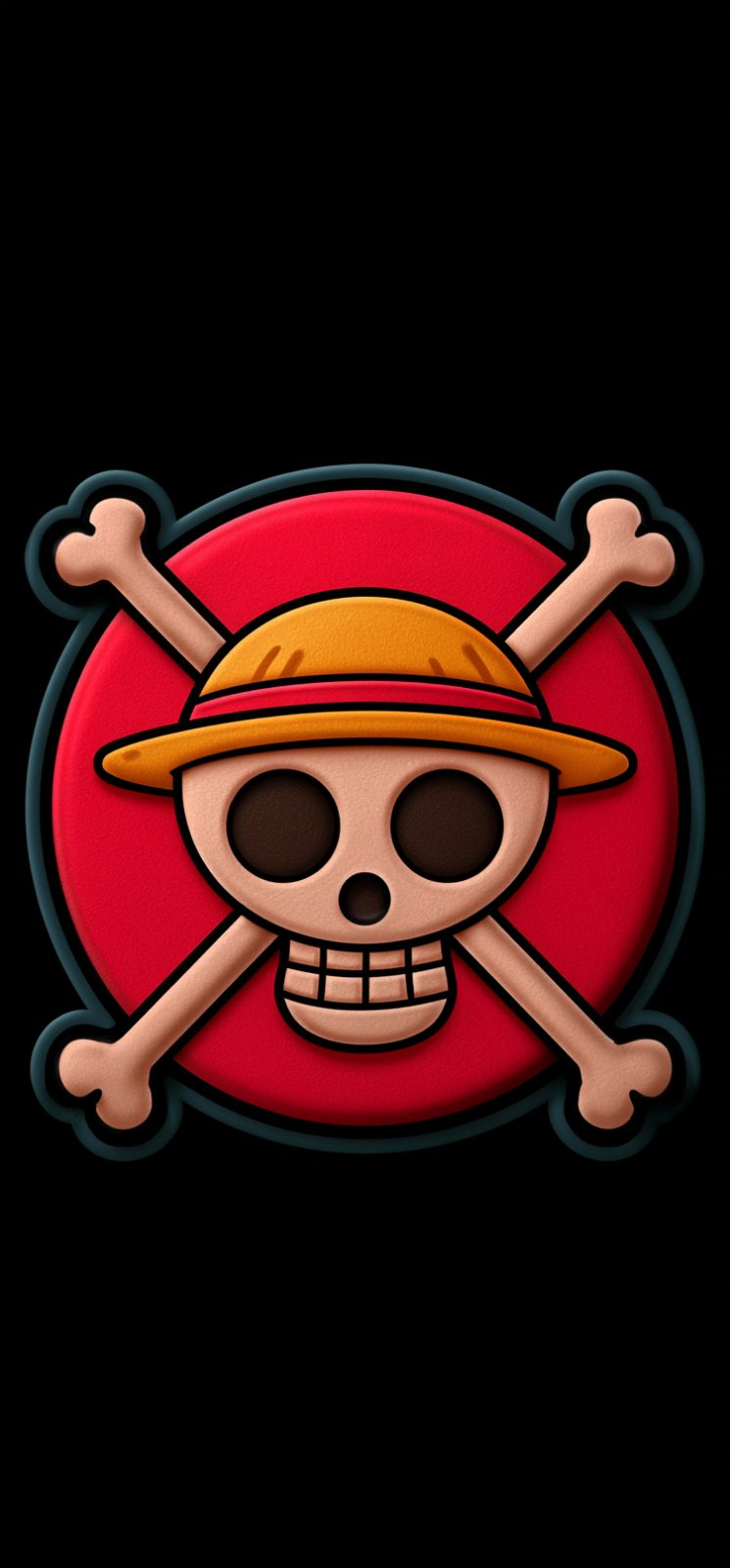 A red circular pirate emblem shows a beige cartoon skull wearing a straw hat with a red band, set over two crossed bones on a black background.