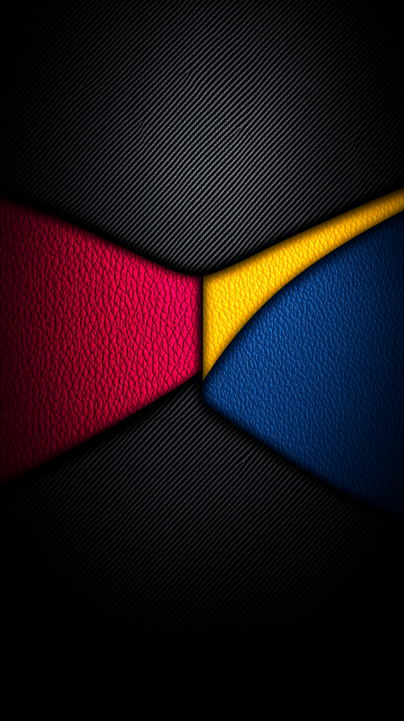 Abstract close-up of red, yellow, and blue textured shapes meeting at the center against a dark black background.