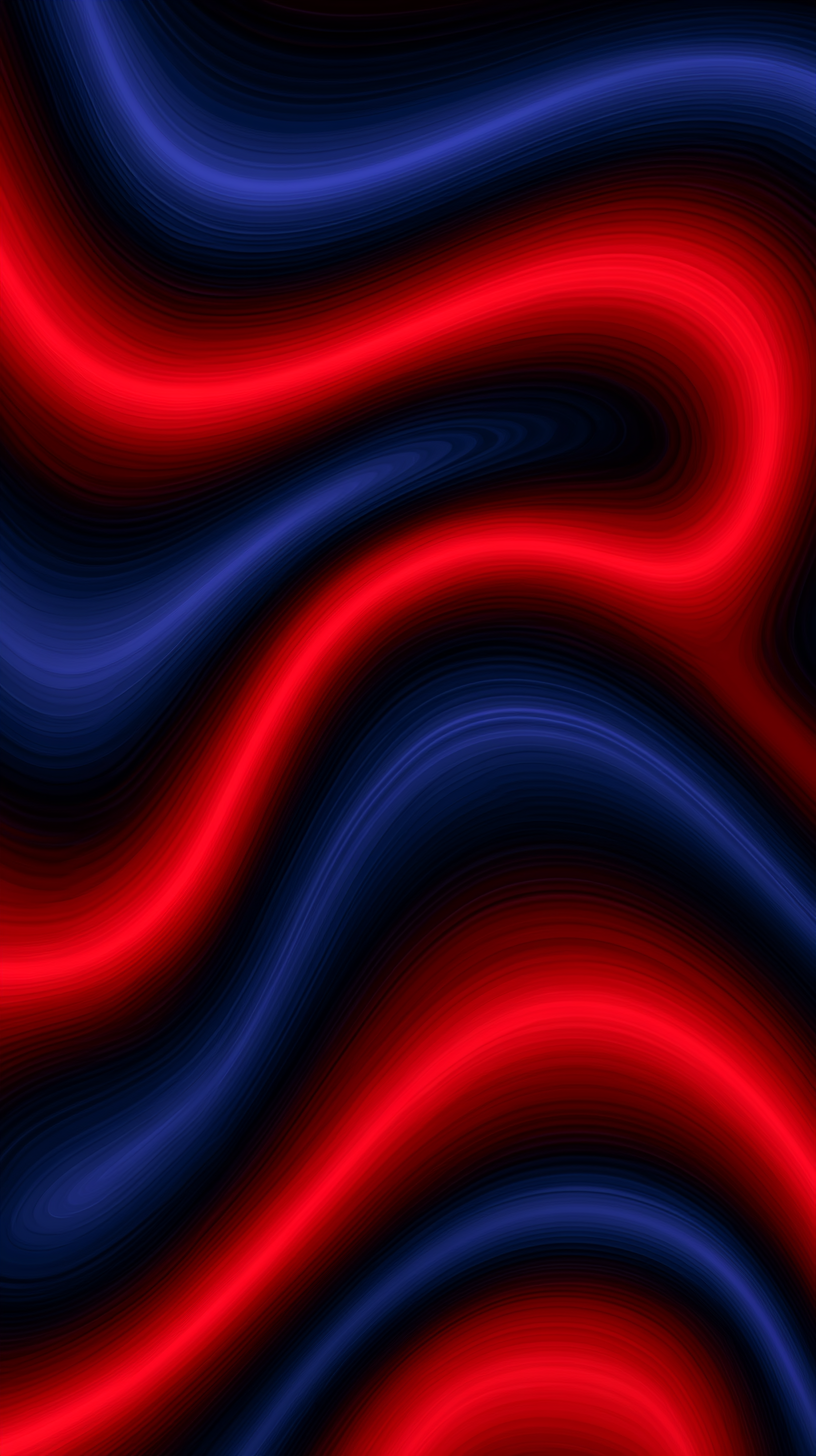 Flowing abstract waves of bright red and deep blue light curving across a black background.