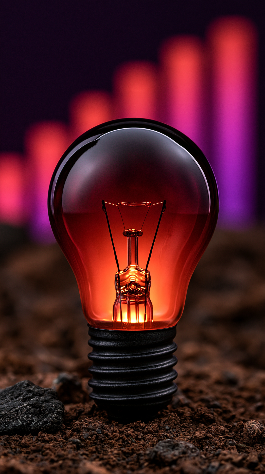 A lit incandescent light bulb with an orange glow sits on rough dark soil, with blurred purple vertical bars in the background.