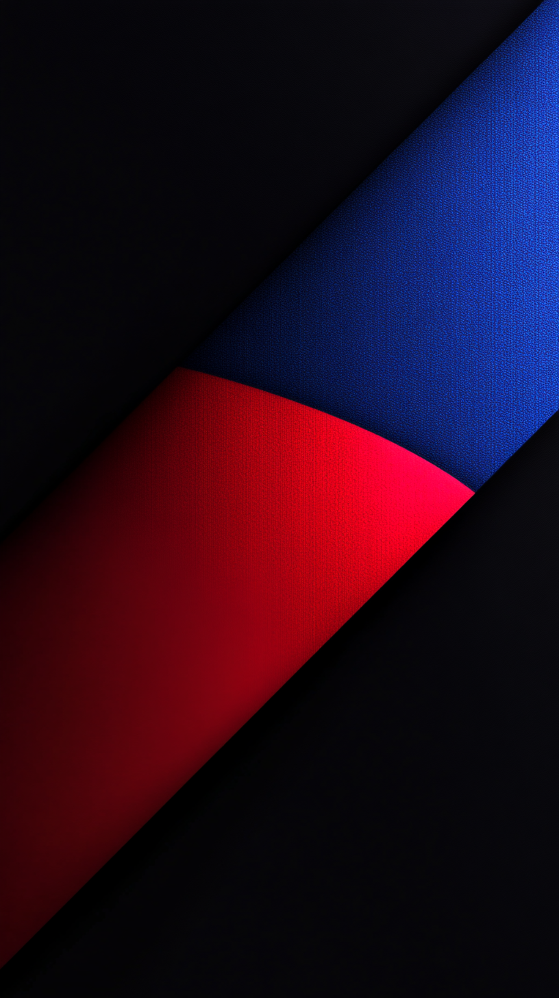Diagonal bands of textured red and blue meet against a solid black background in an abstract geometric composition.