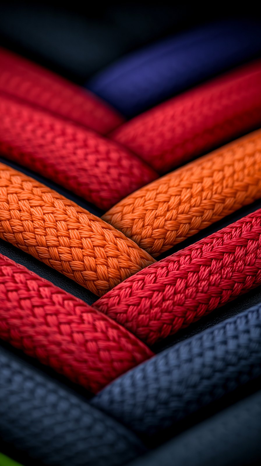 Close-up of thick braided ropes in red, orange, blue, purple, and black woven diagonally across the frame.