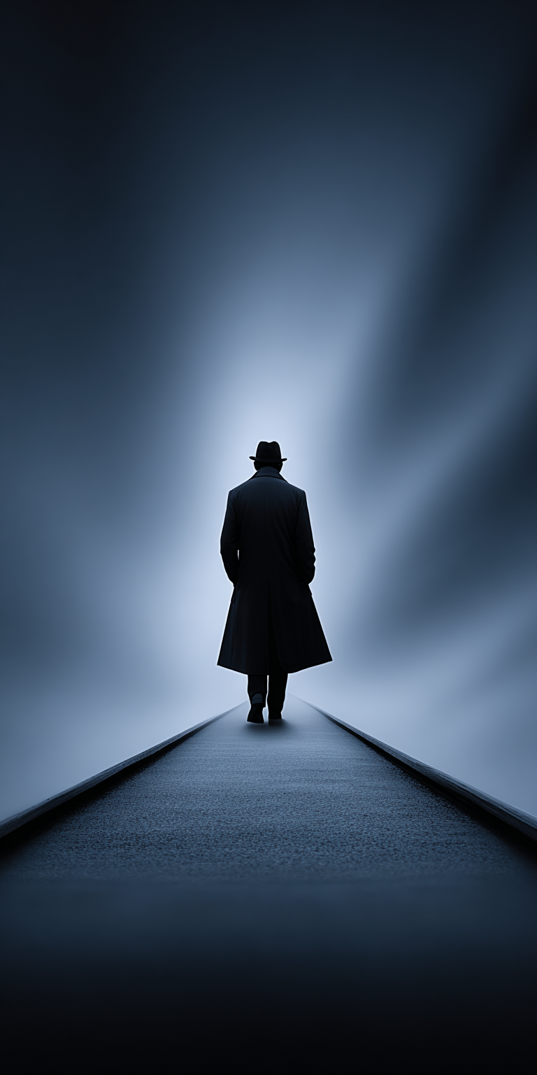 A silhouetted person in a long coat stands alone on a narrow path receding into thick blue-gray mist toward a bright light.