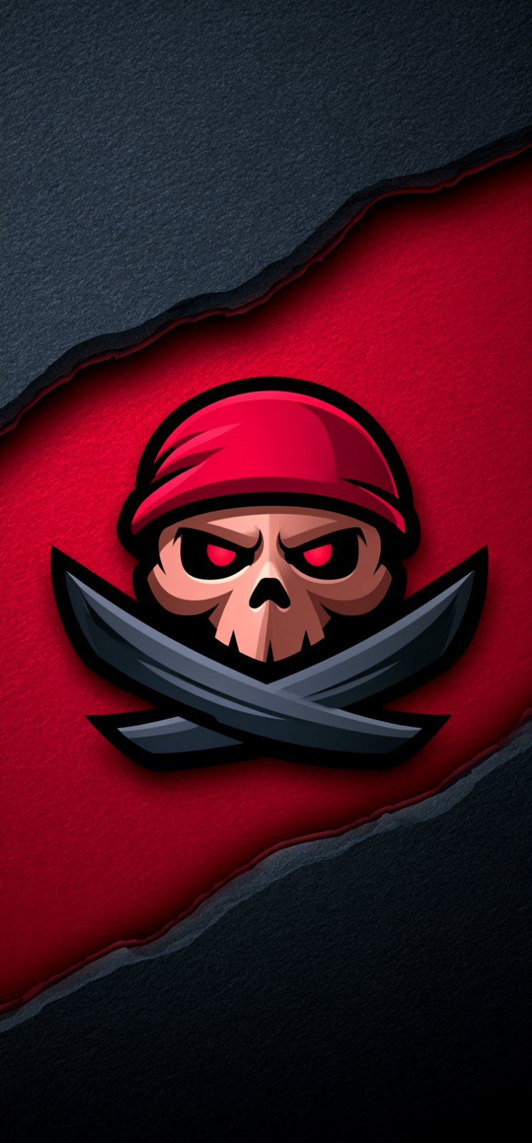A stylized skull wearing a red bandana with glowing red eyes and two crossed swords, centered on a bright red background with jagged black torn edges.