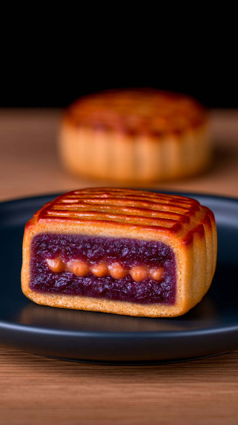 A halved mooncake with golden crust and dark purple filling dotted with round seeds sits on a dark plate, with a whole mooncake blurred in the background.