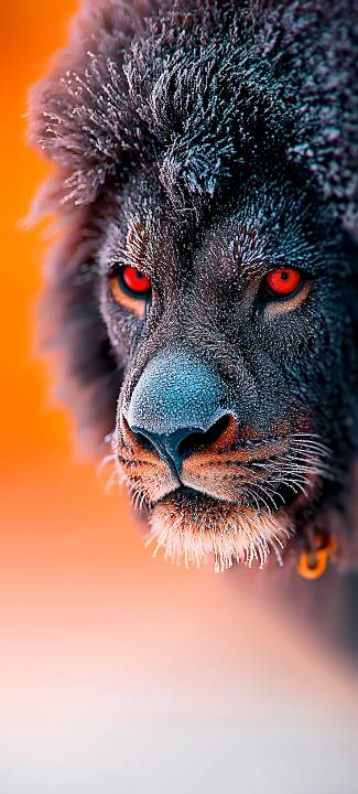 Close-up of a black-furred lion with intense glowing red eyes and a dark mane against a soft orange background.