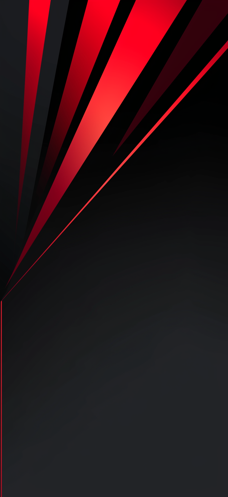 Sharp red triangular beams fan upward from a lower-left point against a dark gradient background.
