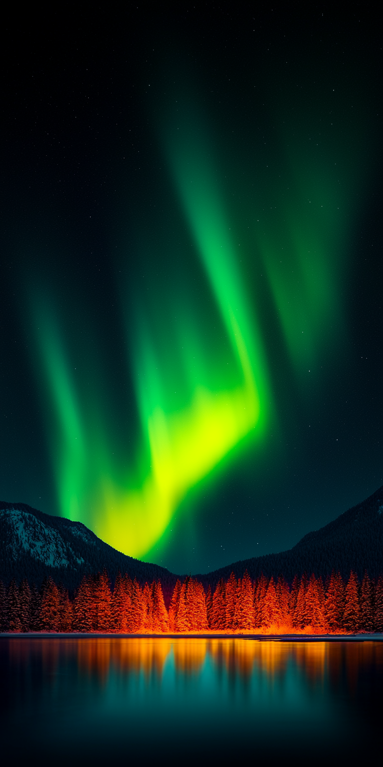 Bright green northern lights swirl above a dark ridgeline of orange-lit pine trees reflected in a calm lake under a starry night sky.