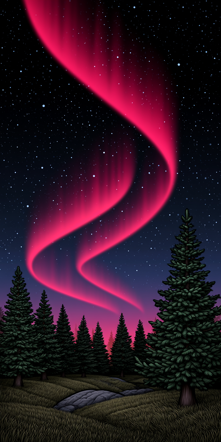A vivid pink aurora borealis curves across a starry night sky above dark evergreen trees and a winding dirt path.