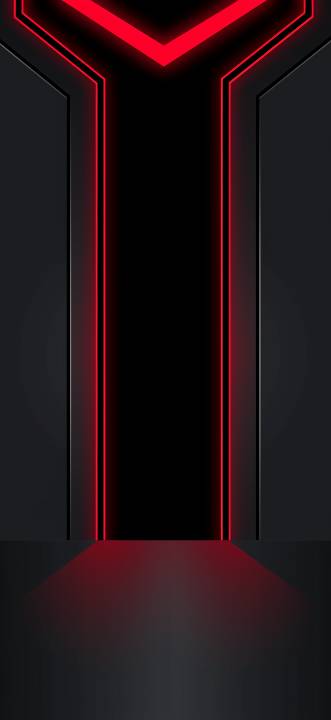 Dark abstract scene with bright red neon lines outlining a tall central doorway topped by an inverted V, set between matte black walls with a soft red glow on the floor.