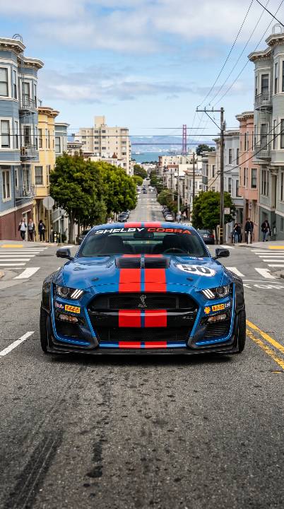 A blue Ford Mustang with red racing stripes and a front license plate faces the camera on a paved city street lined with colorful houses and trees under a blue sky.