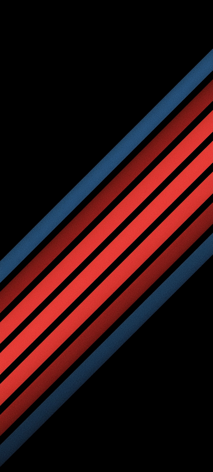 A black background features bold diagonal stripes in red flanked by thinner blue lines running from lower left to upper right.