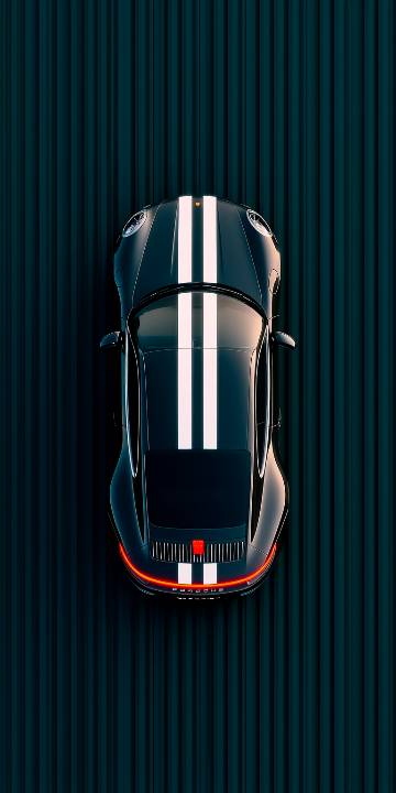 Top-down view of a glossy black sports car with dual white racing stripes and red rear accents on a dark ribbed surface.