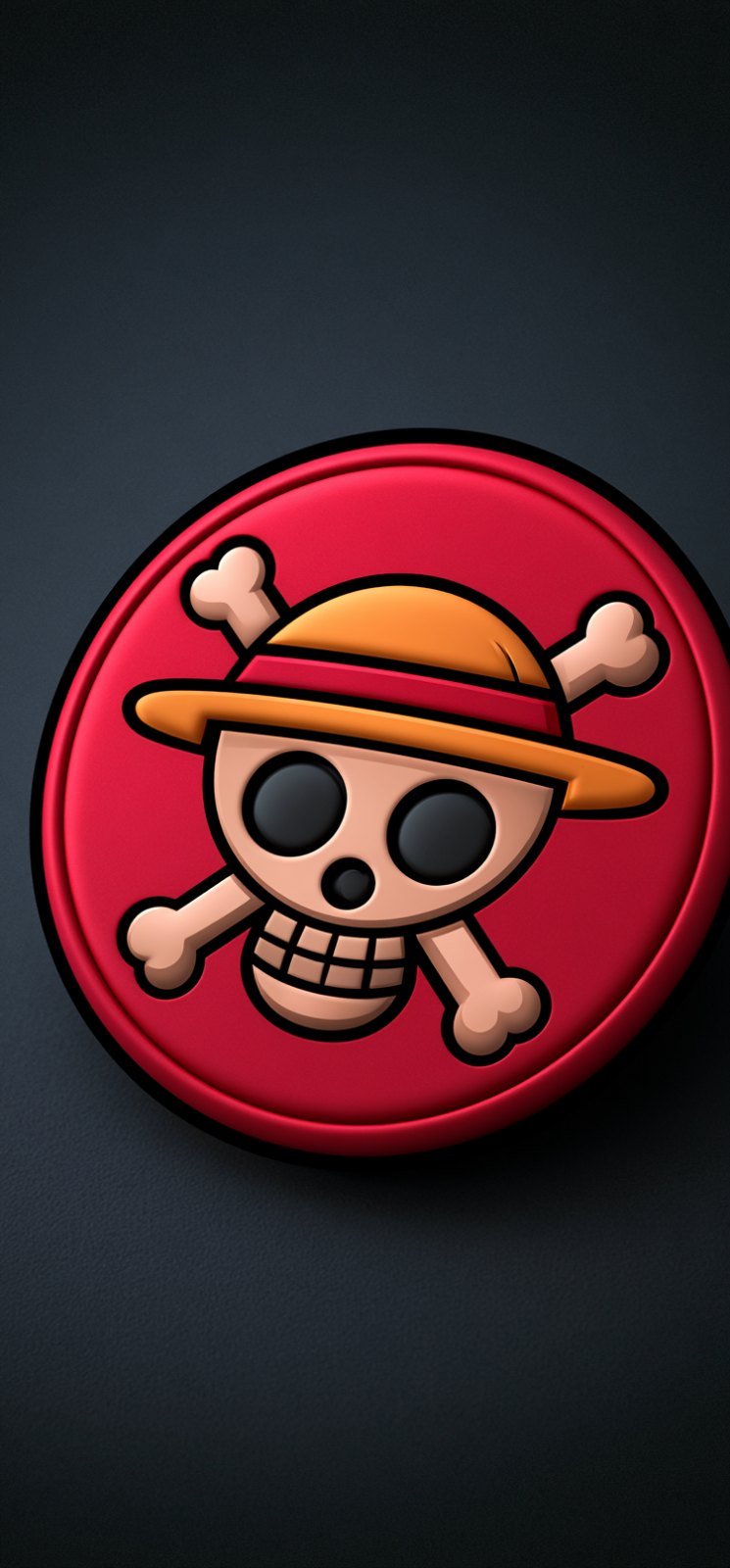 A glossy red circular badge shows a cartoon skull wearing a straw hat with two crossed bones behind it against a dark background.