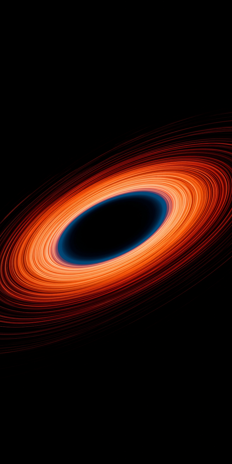 A dark circular void ringed by a bright blue edge and surrounded by a swirling orange-red accretion disk against black space.