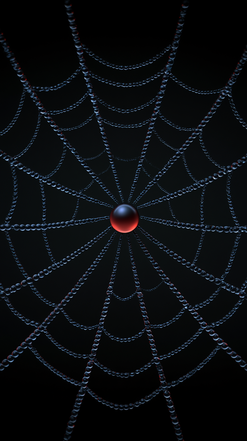 A dark spider web radiates outward with a glossy red spherical droplet centered where the threads meet against a black background.