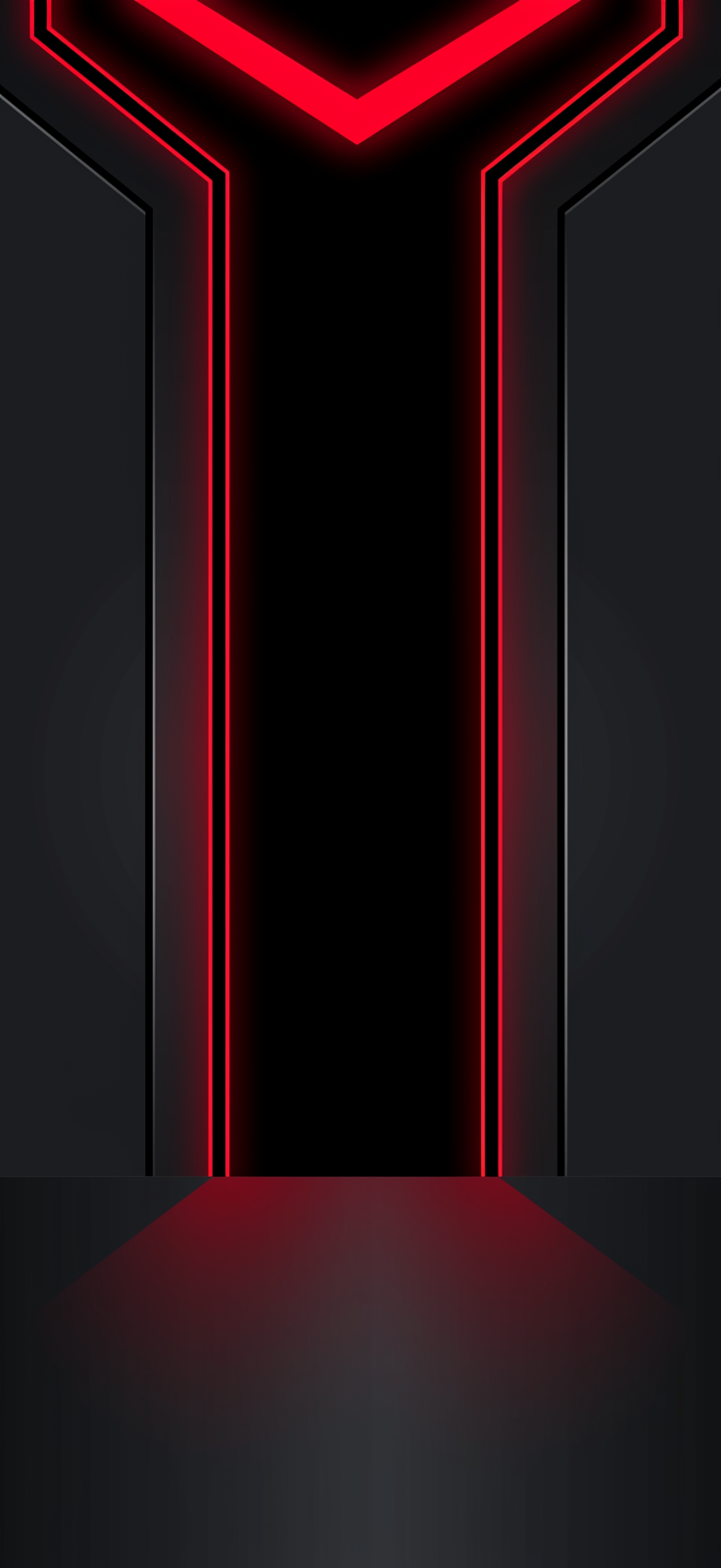 Dark vertical composition with bright red neon lines forming a Y-shaped outline against black panels and a soft red glow on the floor.