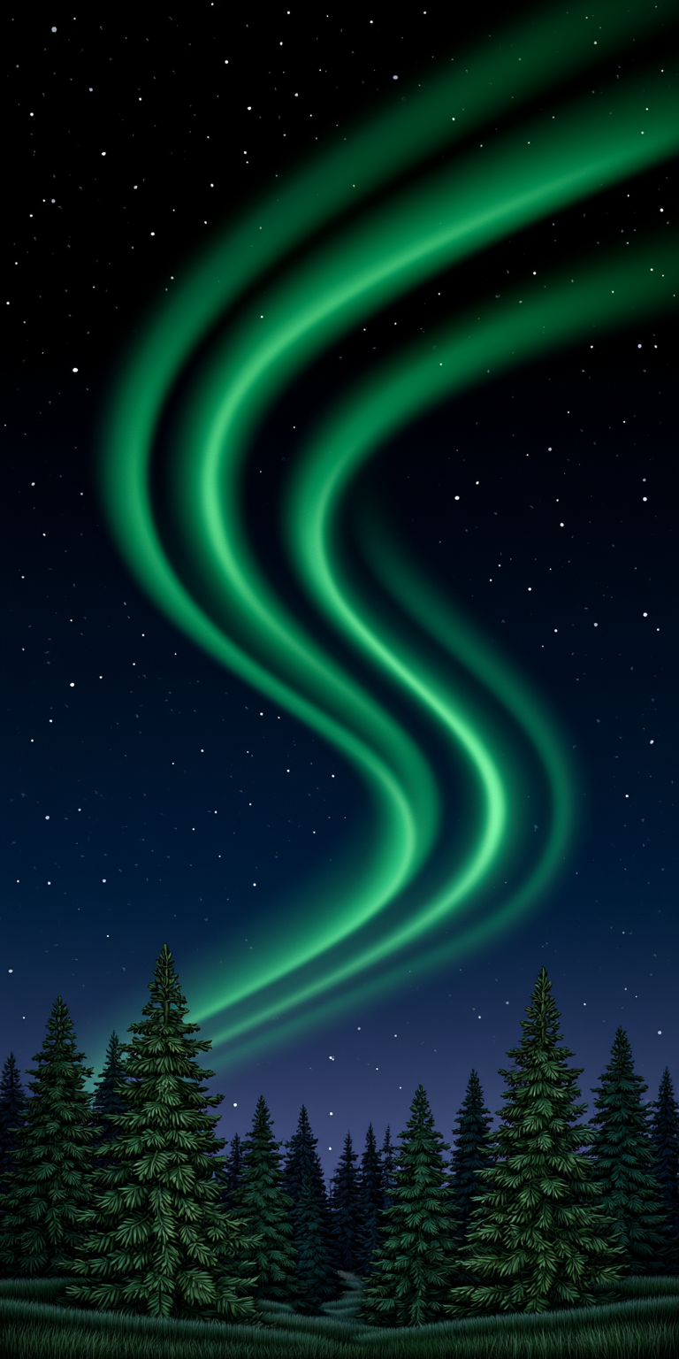 Bright green northern lights swirl in ribbons across a starry night sky above a dense row of dark evergreen trees.