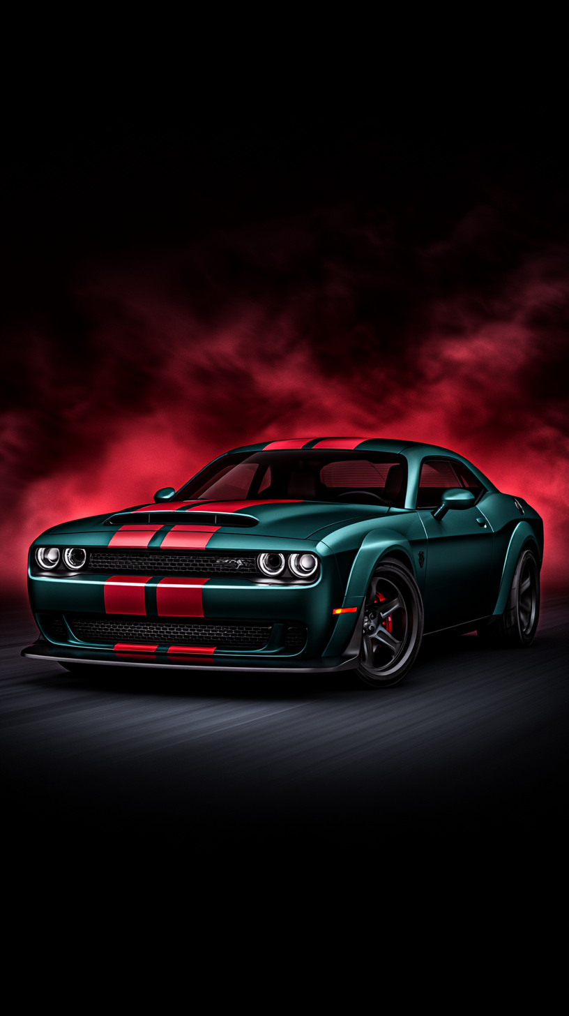 A dark green sports coupe with dual red racing stripes, glowing headlights, and red-accented wheels appears against a black background with red smoke.