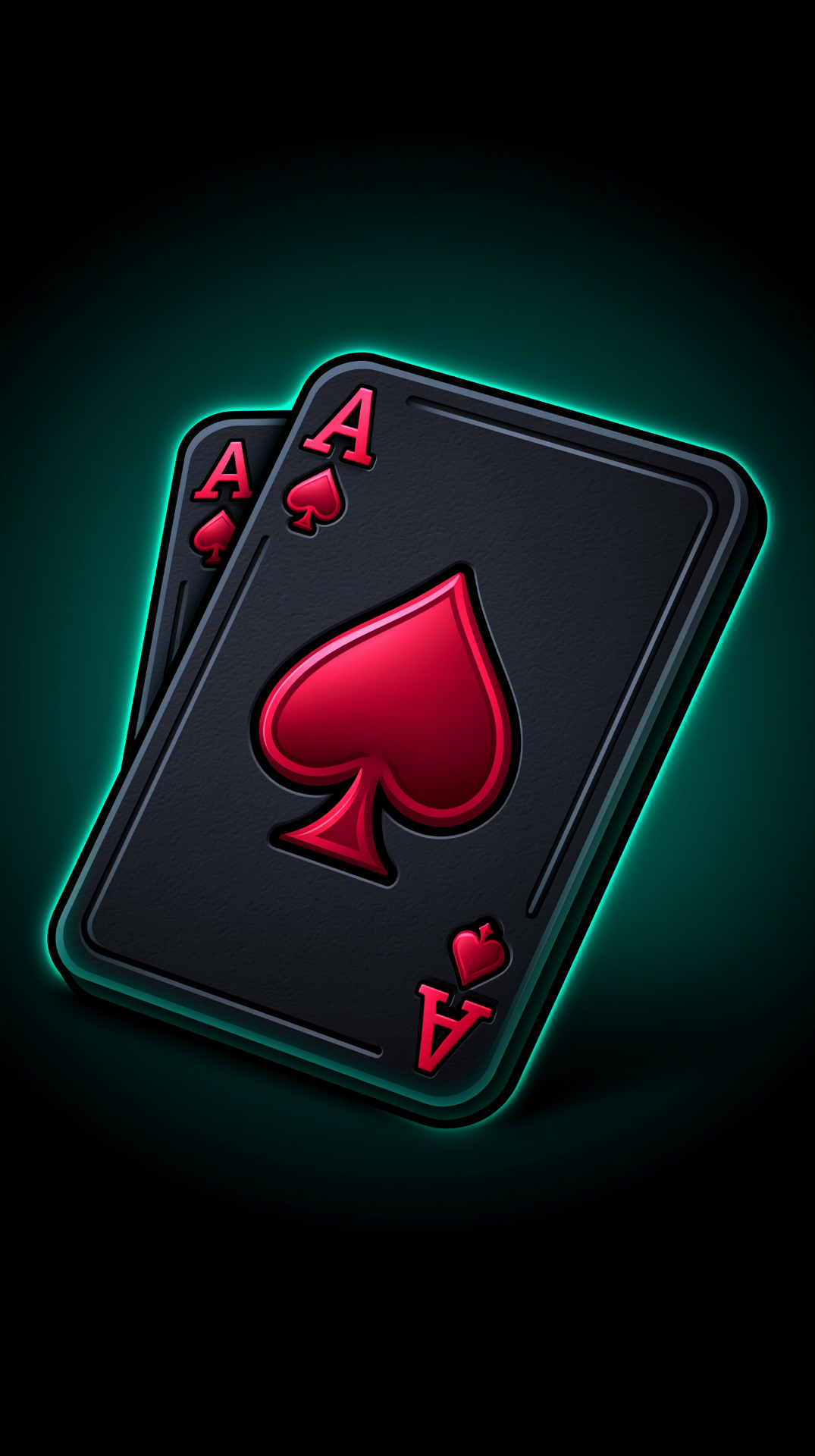 Two overlapping black playing cards showing the ace of spades with bright red spade symbols and letter A, edged in a glowing teal neon outline against a dark background.