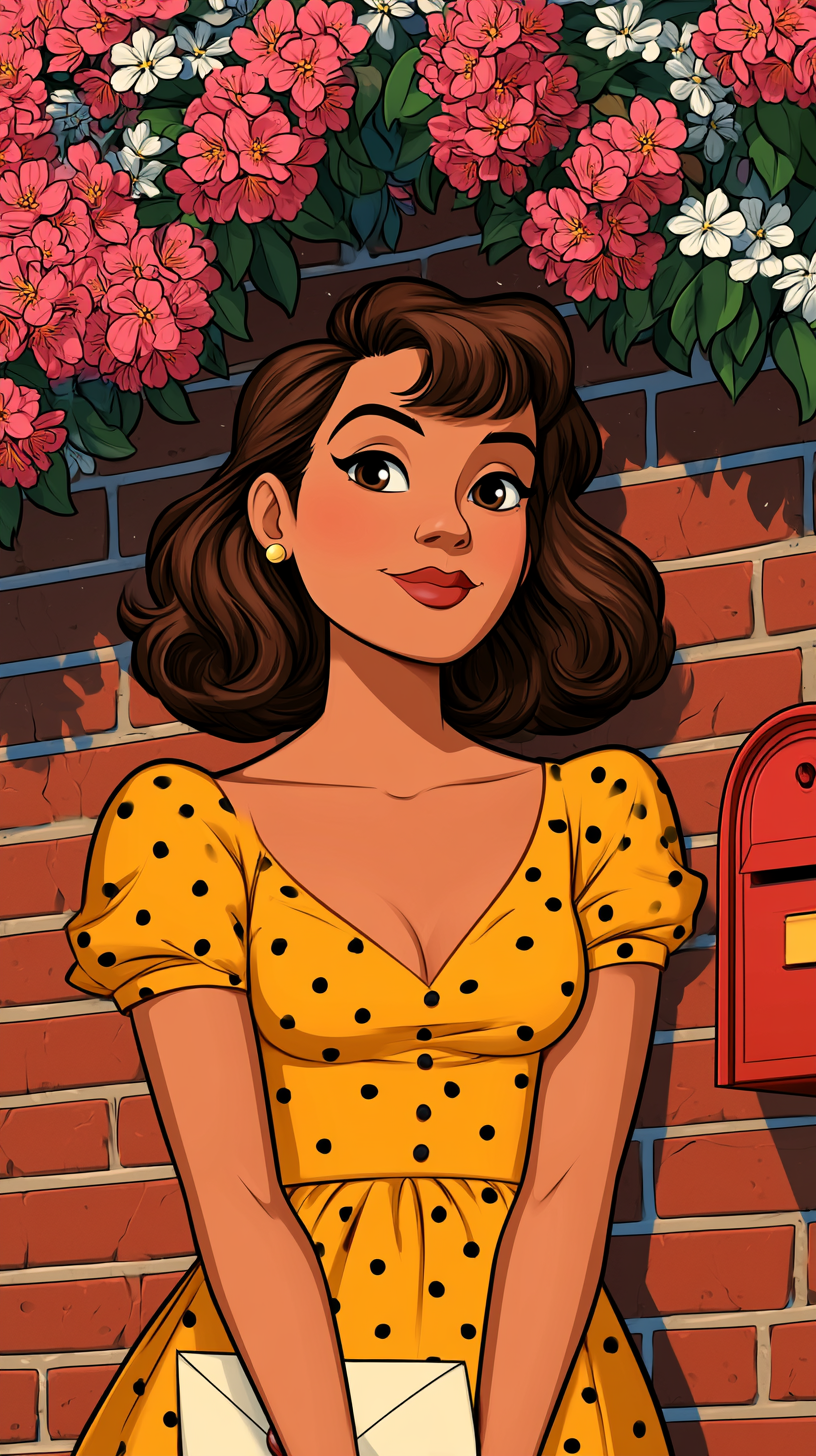 A smiling woman with wavy brown hair in a yellow polka-dot dress holds white envelopes beside a red mailbox on a brick wall under pink and white flowers.
