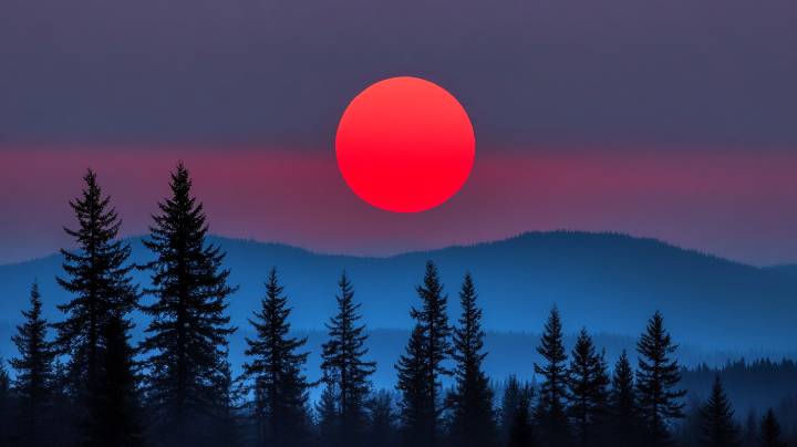 A large bright red sun hangs low above dark silhouetted pine trees and layered blue mountain ridges under a purple twilight sky.