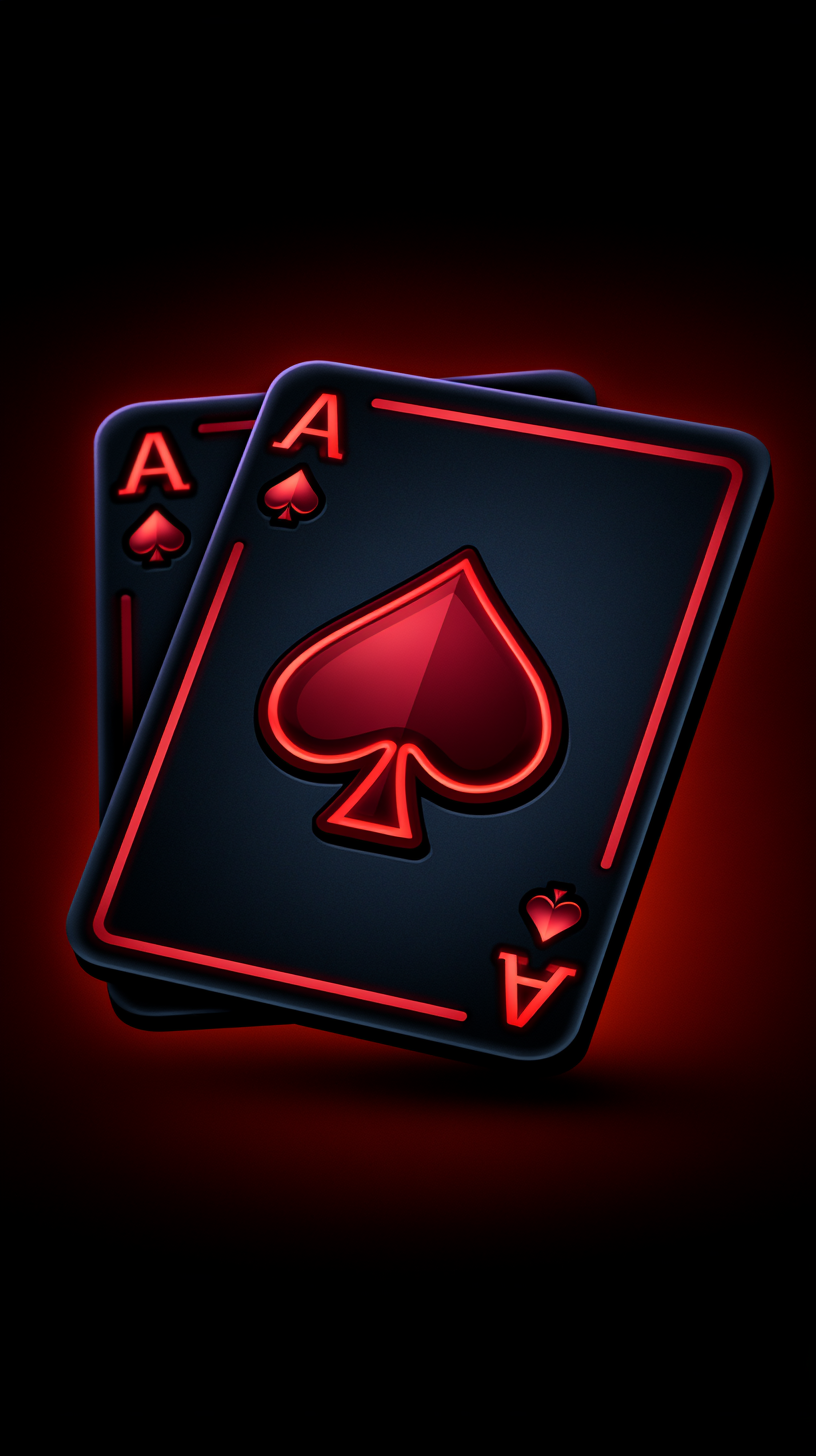 Two overlapping black playing cards display the ace of spades with bright red neon edges, corner letter As, and a large central spade symbol against a dark background.