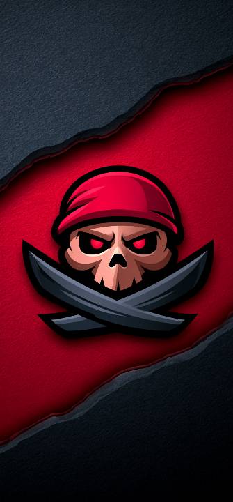 A stylized skull wearing a red bandana with glowing red eyes and two crossed gray swords on a torn red and black background.