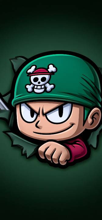 A chibi-style cartoon character peeks through a torn dark green background, wearing a green military helmet with a white skull and crossbones, angry narrowed eyes, and a hand raised near the mouth while dressed in red.