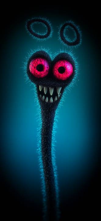 A tall fuzzy blue creature with large glowing pink eyes, two curly antennae, and a wide toothy grin stands against a dark teal background.