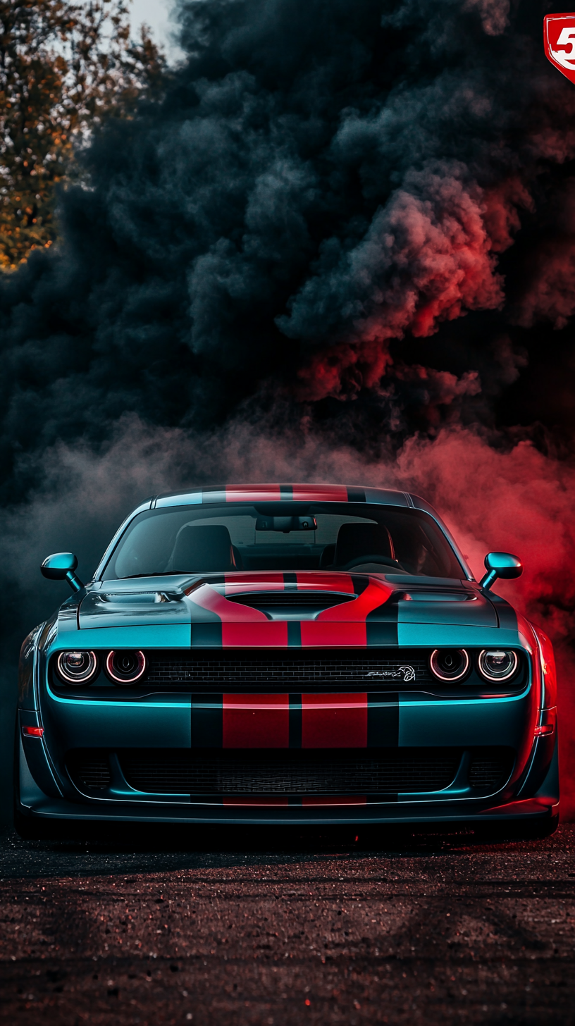 A teal blue muscle car with red racing stripes and lit headlights faces the camera amid thick dark smoke and red lighting.