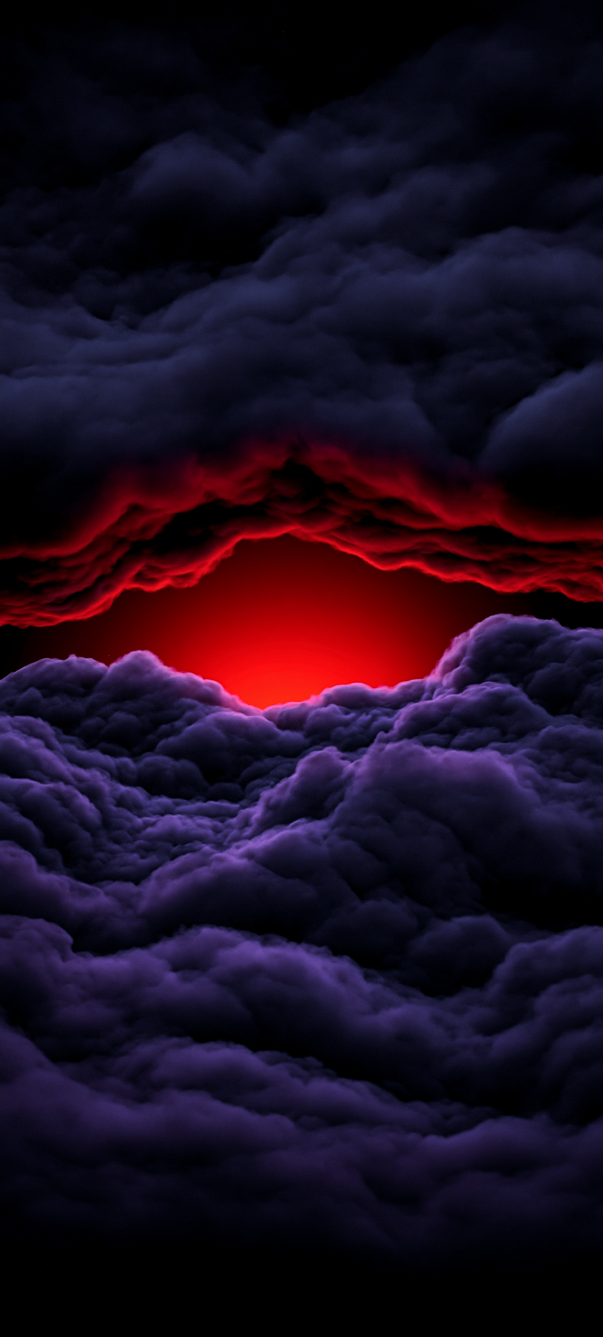 Dark purple and black storm clouds frame a vivid red glow breaking through the center of the sky.