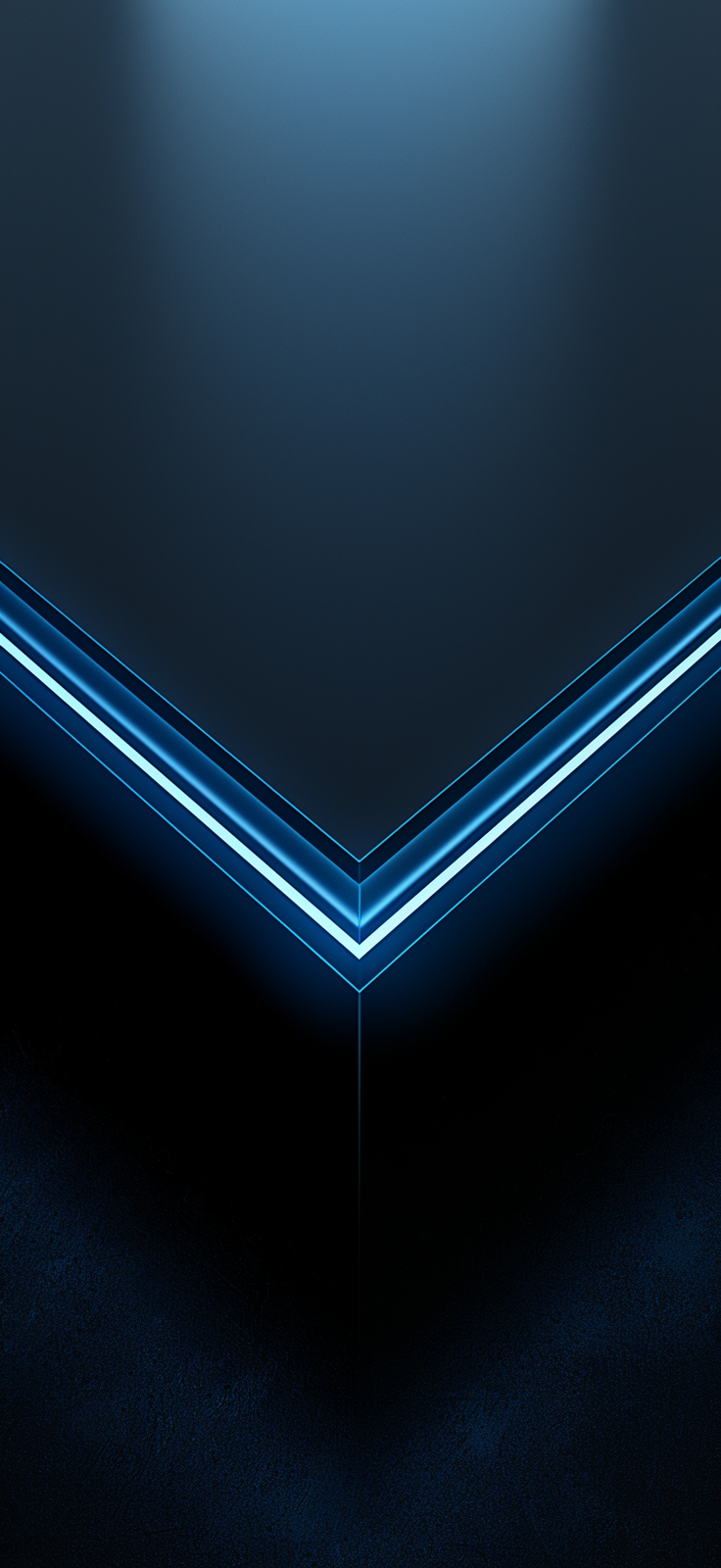 A dark abstract background with a bright glowing blue neon V-shaped line pointing downward and soft blue light above.